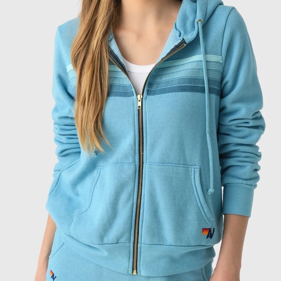 Aviator Nation Tops - Aviator Nation 5 Stripe Zip Hoodie Woman’s Aquamarine/Aqua Size Medium